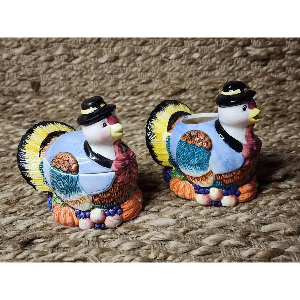 Vintage Ceramic Thanksgiving Turkey Cream & Sugar Set Fall 4